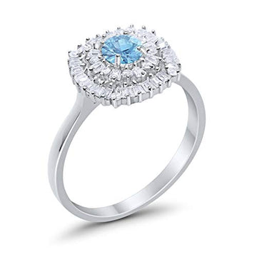 Halo Engagement Ring Baguette Simulated Aquamarine CZ 925 Sterling Silver